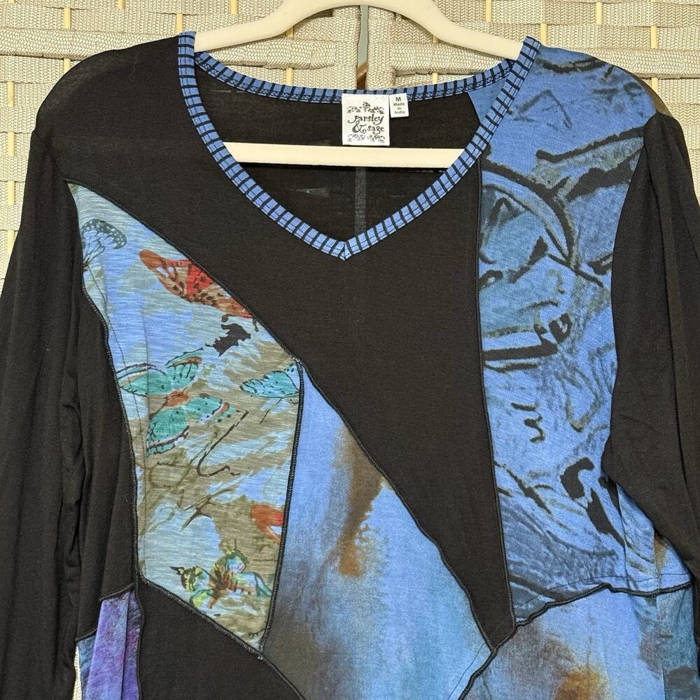 Parsley & Sage 3/4 Sleeve Knit Tunic Women’s M Blue Multi Media Patchwork Tee - Picture 3 of 8